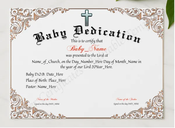 Baby Dedication Certificate presented in a sleek wooden frame, elegantly arranged on a stylish table.