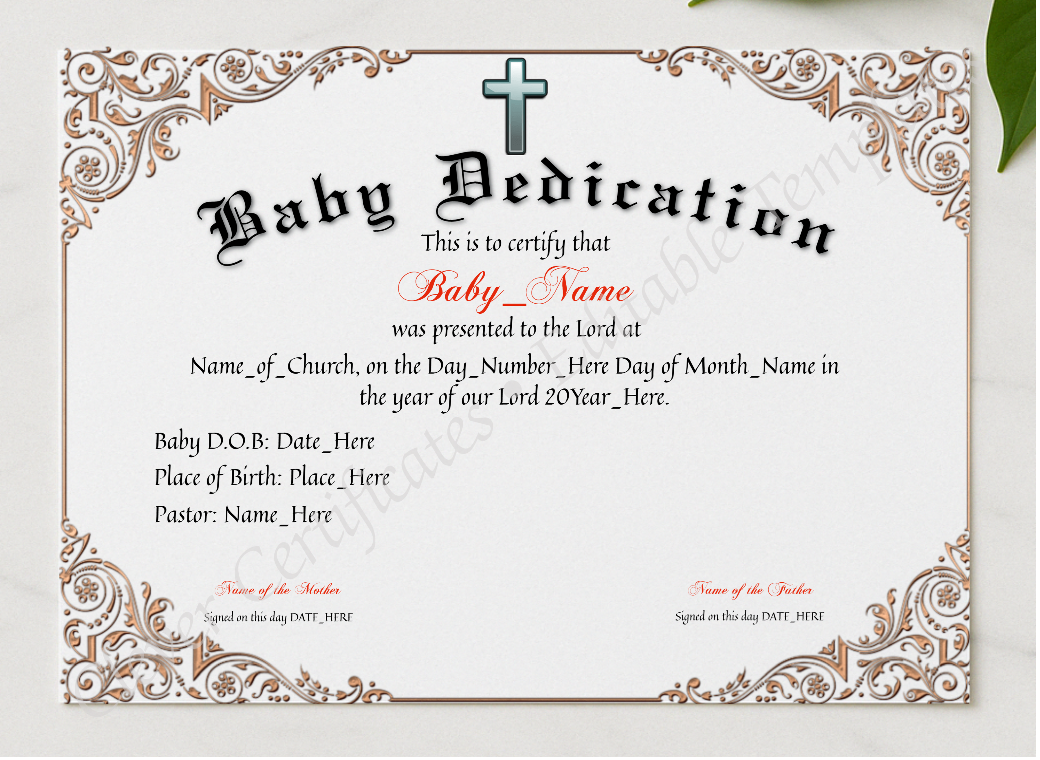 Baby Dedication Certificate presented in a sleek wooden frame, elegantly arranged on a stylish table.