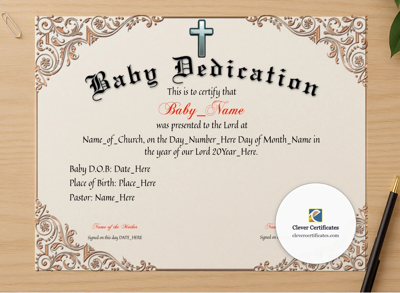 Professional preview of Baby Dedication Certificate certificate on high-quality stationery paper, ideal for showcasing the final look.