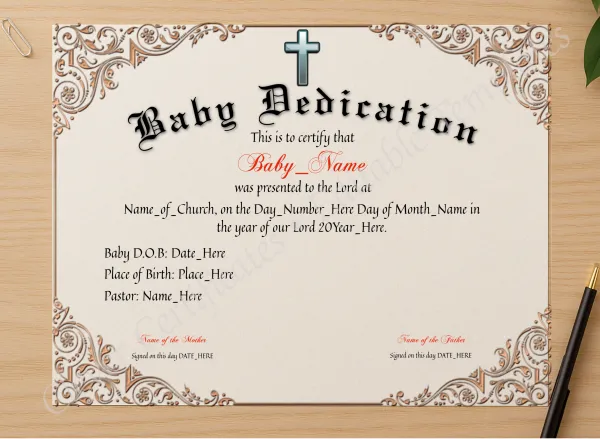 Professional preview of Baby Dedication Certificate certificate on high-quality stationery paper, ideal for showcasing the final look.
