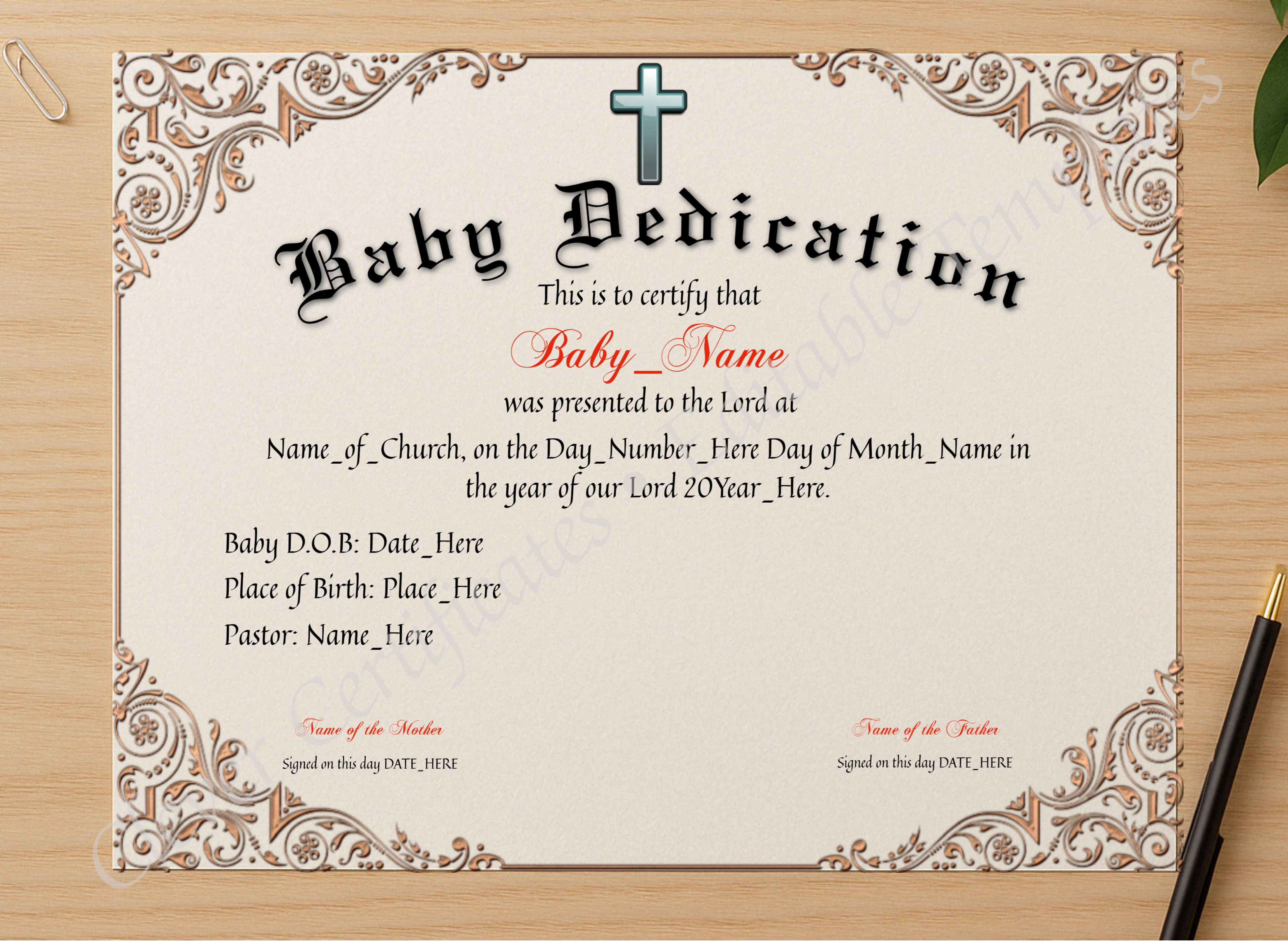 Professional preview of Baby Dedication Certificate certificate on high-quality stationery paper, ideal for showcasing the final look.