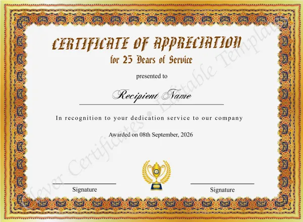 Certificate Of Appreciation For 25 Years Of Service