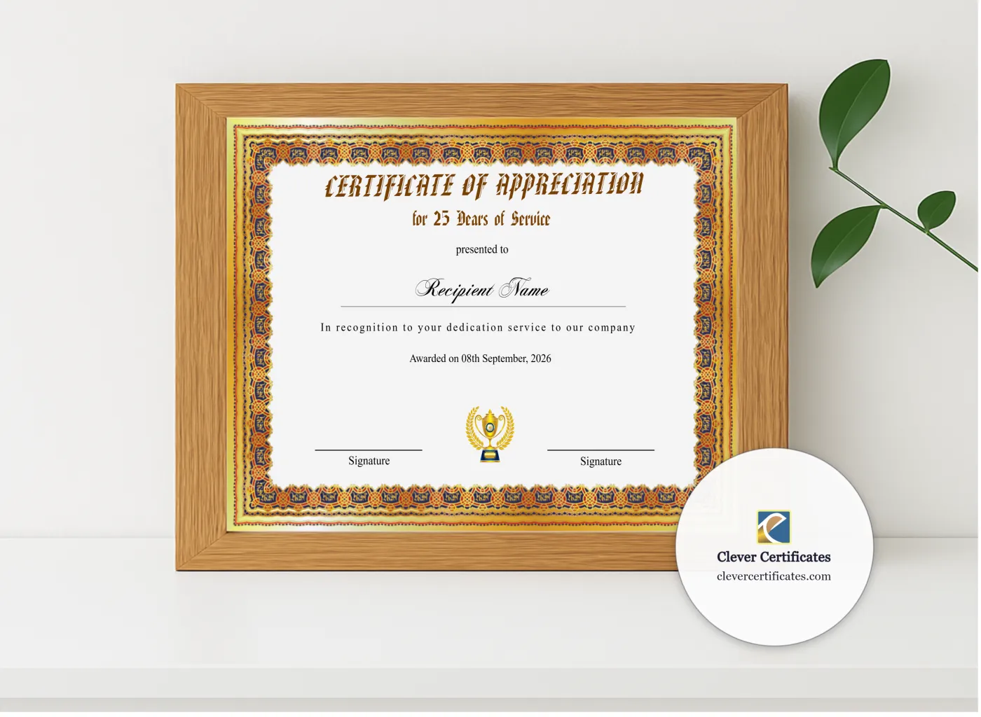 Realistic mockup featuring Certificate Of Appreciation For 25 Years Of Service displayed within a modern frame, set against a minimalistic background.