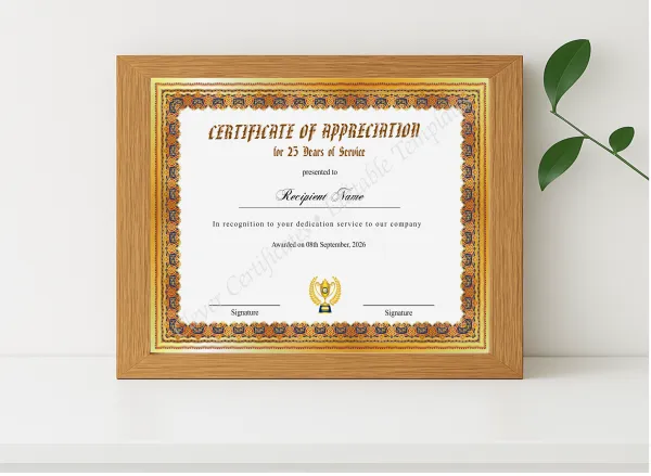 Realistic mockup featuring Certificate Of Appreciation For 25 Years Of Service displayed within a modern frame, set against a minimalistic background.