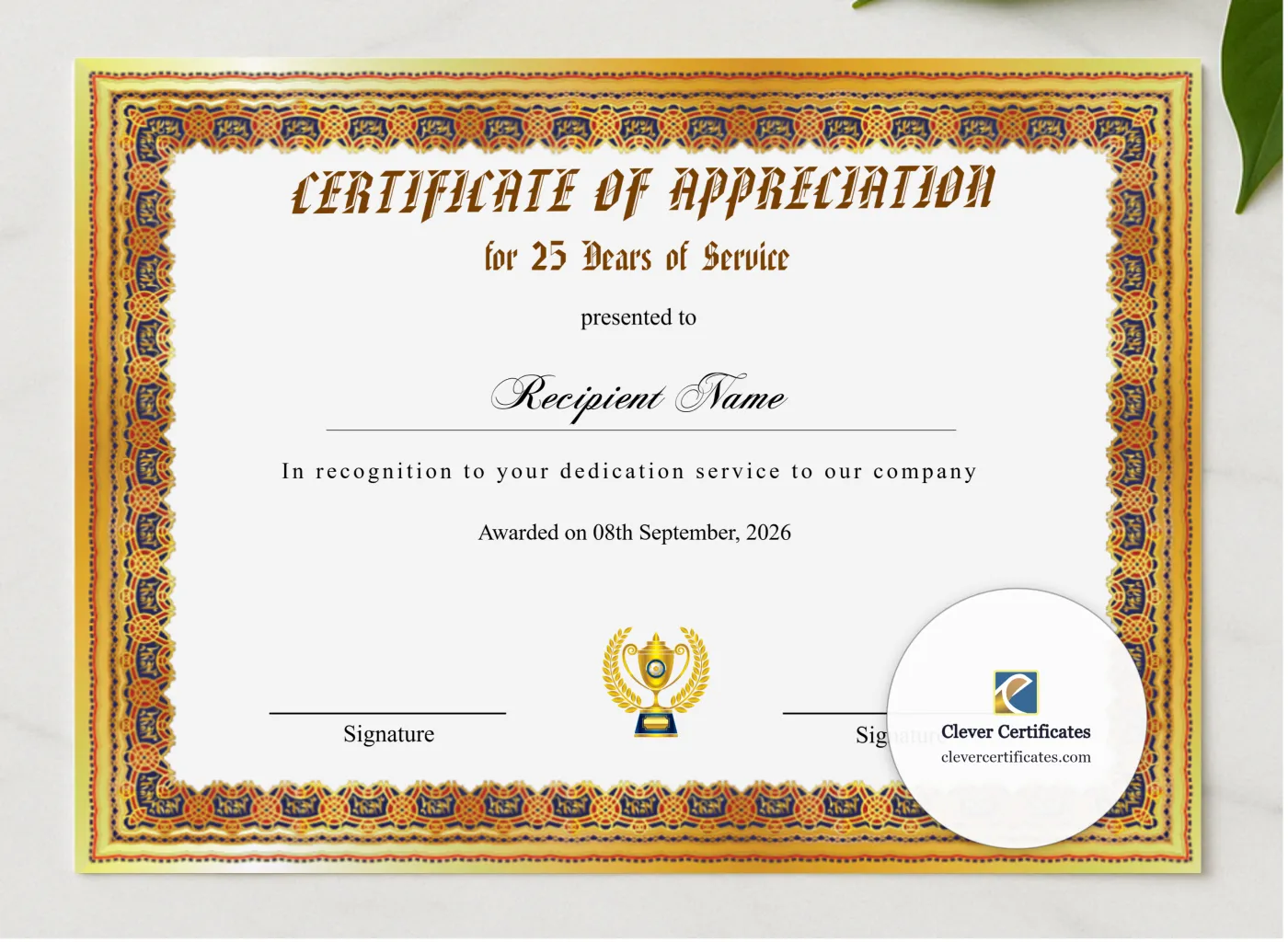 Certificate Of Appreciation For 25 Years Of Service presented in a sleek wooden frame, elegantly arranged on a stylish table.