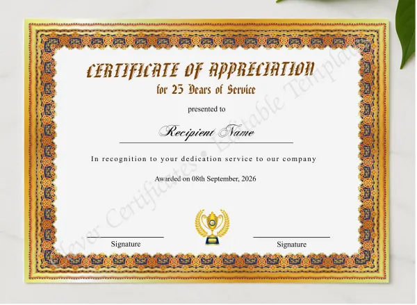 Certificate Of Appreciation For 25 Years Of Service presented in a sleek wooden frame, elegantly arranged on a stylish table.