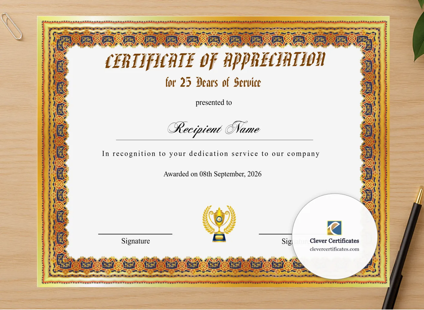 Professional preview of Certificate Of Appreciation For 25 Years Of Service certificate on high-quality stationery paper, ideal for showcasing the final look.