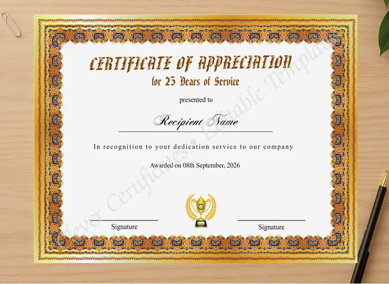 Professional preview of Certificate Of Appreciation For 25 Years Of Service certificate on high-quality stationery paper, ideal for showcasing the final look.