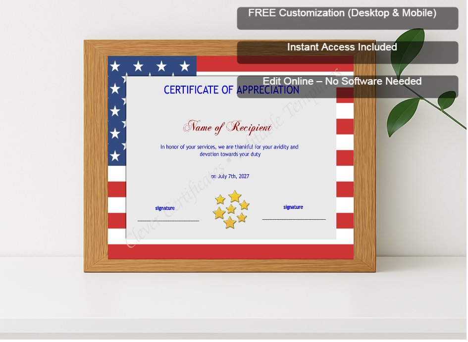 Premium mockup with Free Editor badge stack for Editable Certificate Template American Flag