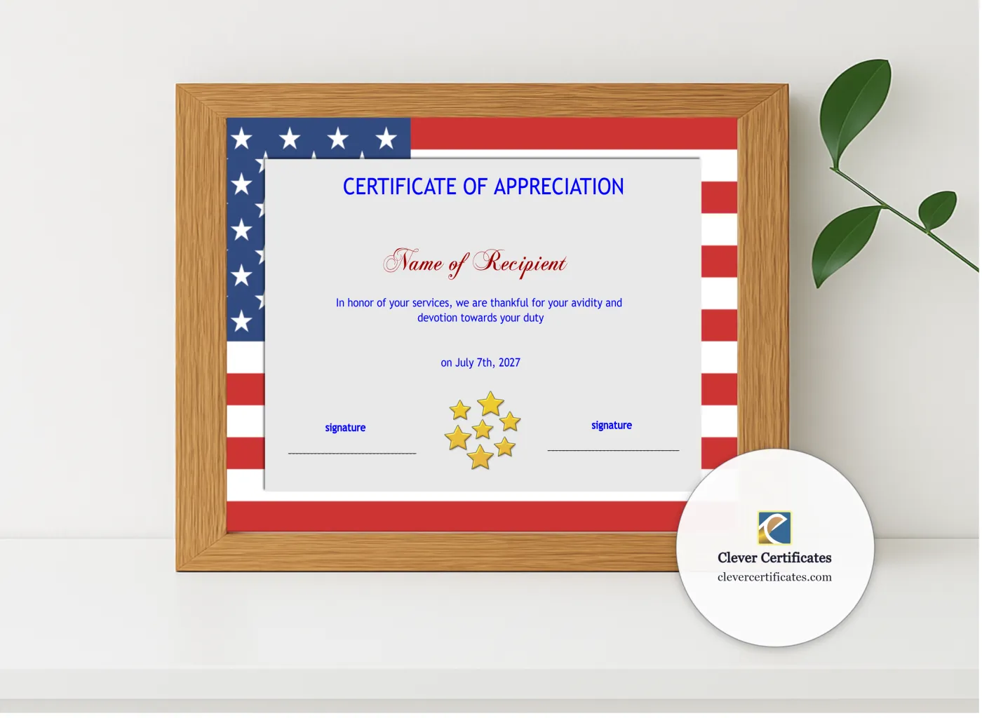 Realistic mockup featuring Editable Certificate Template American Flag displayed within a modern frame, set against a minimalistic background.