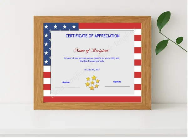 Realistic mockup featuring Editable Certificate Template American Flag displayed within a modern frame, set against a minimalistic background.