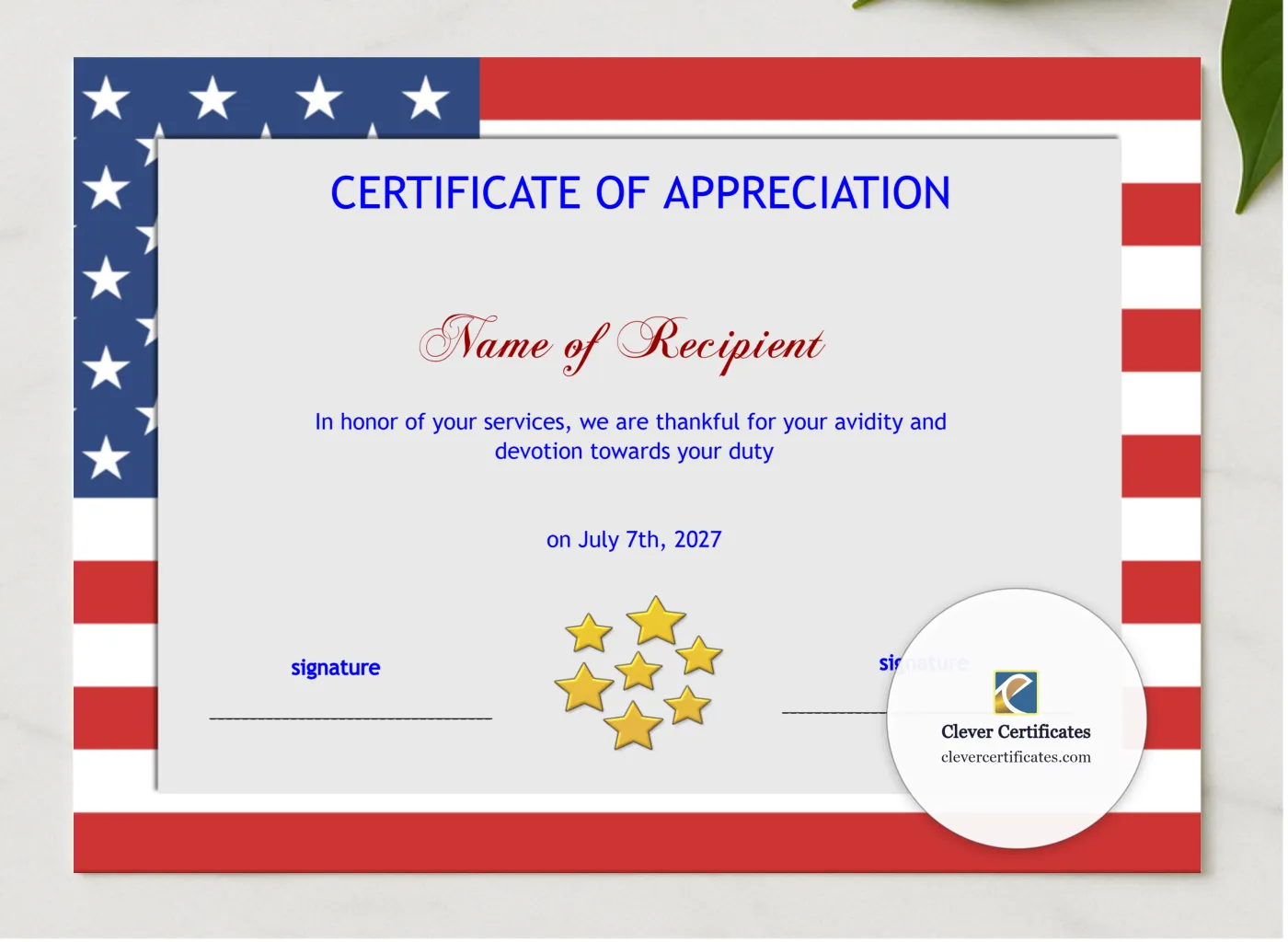 Editable Certificate Template American Flag presented in a sleek wooden frame, elegantly arranged on a stylish table.