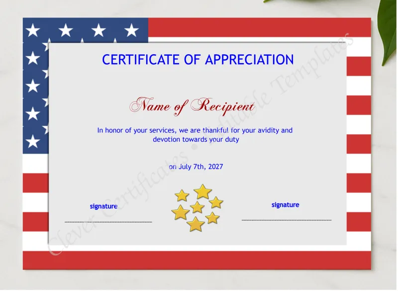 Editable Certificate Template American Flag presented in a sleek wooden frame, elegantly arranged on a stylish table.