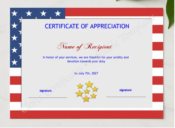 Editable Certificate Template American Flag presented in a sleek wooden frame, elegantly arranged on a stylish table.