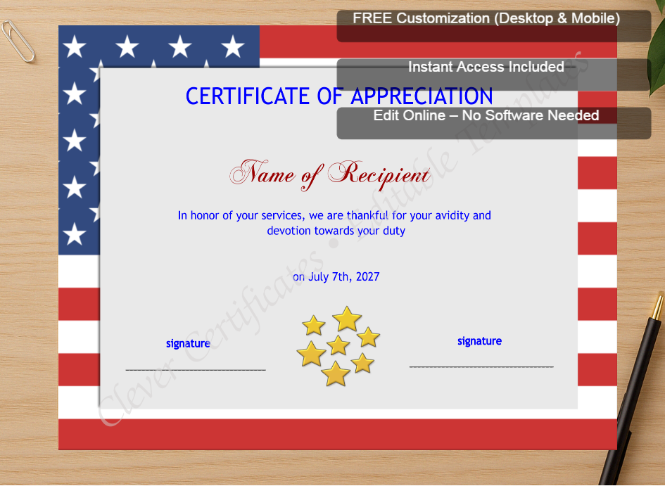 Zoomed preview with Free Editor badge stack for Editable Certificate Template American Flag