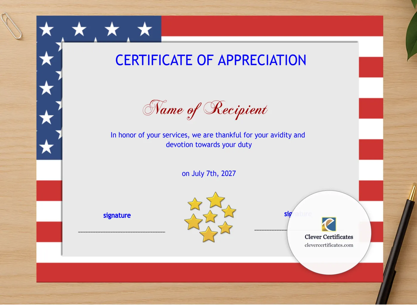 Professional preview of Editable Certificate Template American Flag certificate on high-quality stationery paper, ideal for showcasing the final look.