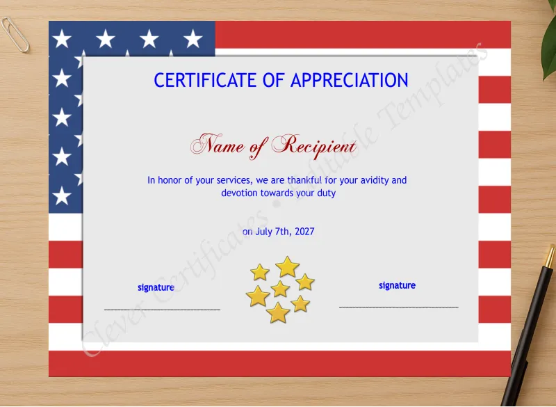 Professional preview of Editable Certificate Template American Flag certificate on high-quality stationery paper, ideal for showcasing the final look.