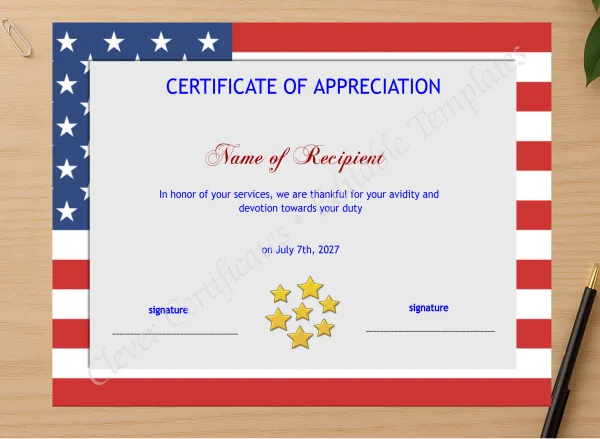 Professional preview of Editable Certificate Template American Flag certificate on high-quality stationery paper, ideal for showcasing the final look.