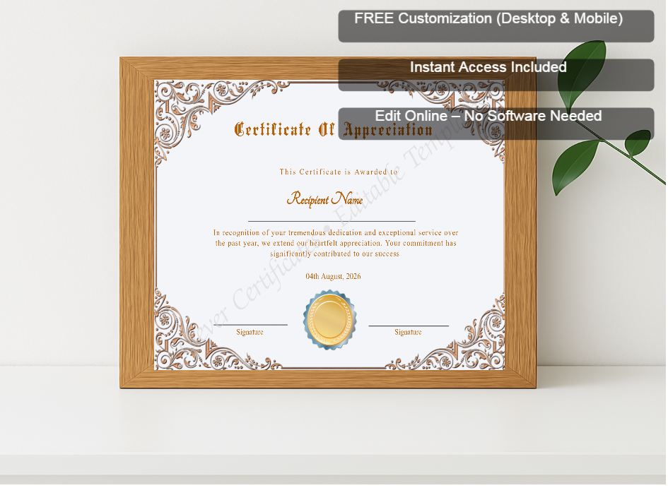 Premium mockup with Free Editor badge stack for Professional Certificate Of Appreciation Award