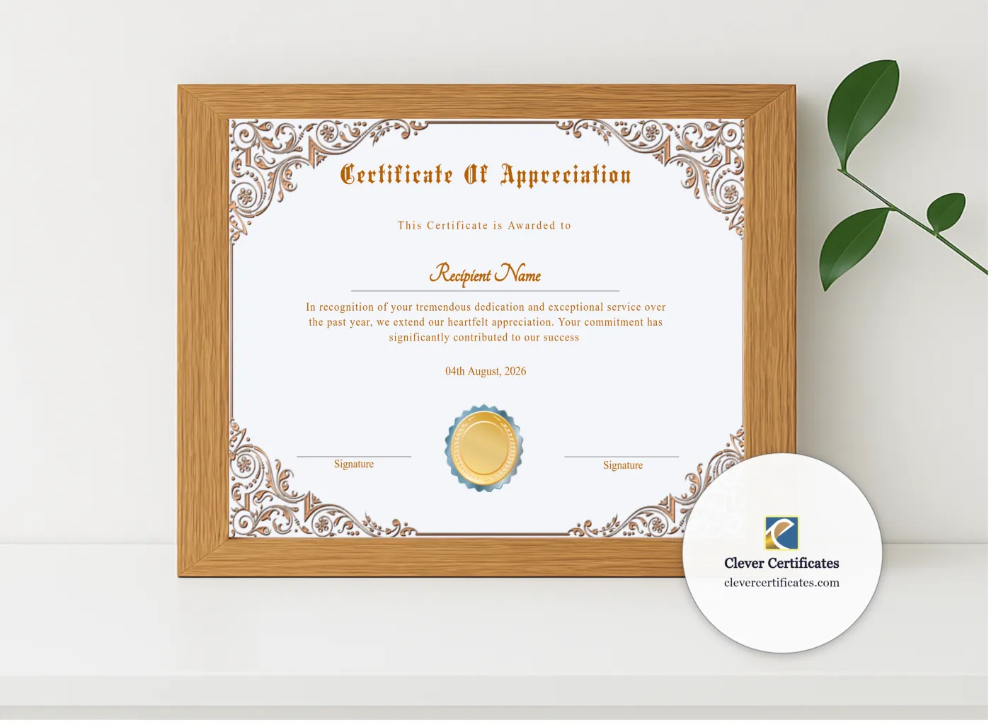 Realistic mockup featuring Professional Certificate Of Appreciation Award displayed within a modern frame, set against a minimalistic background.