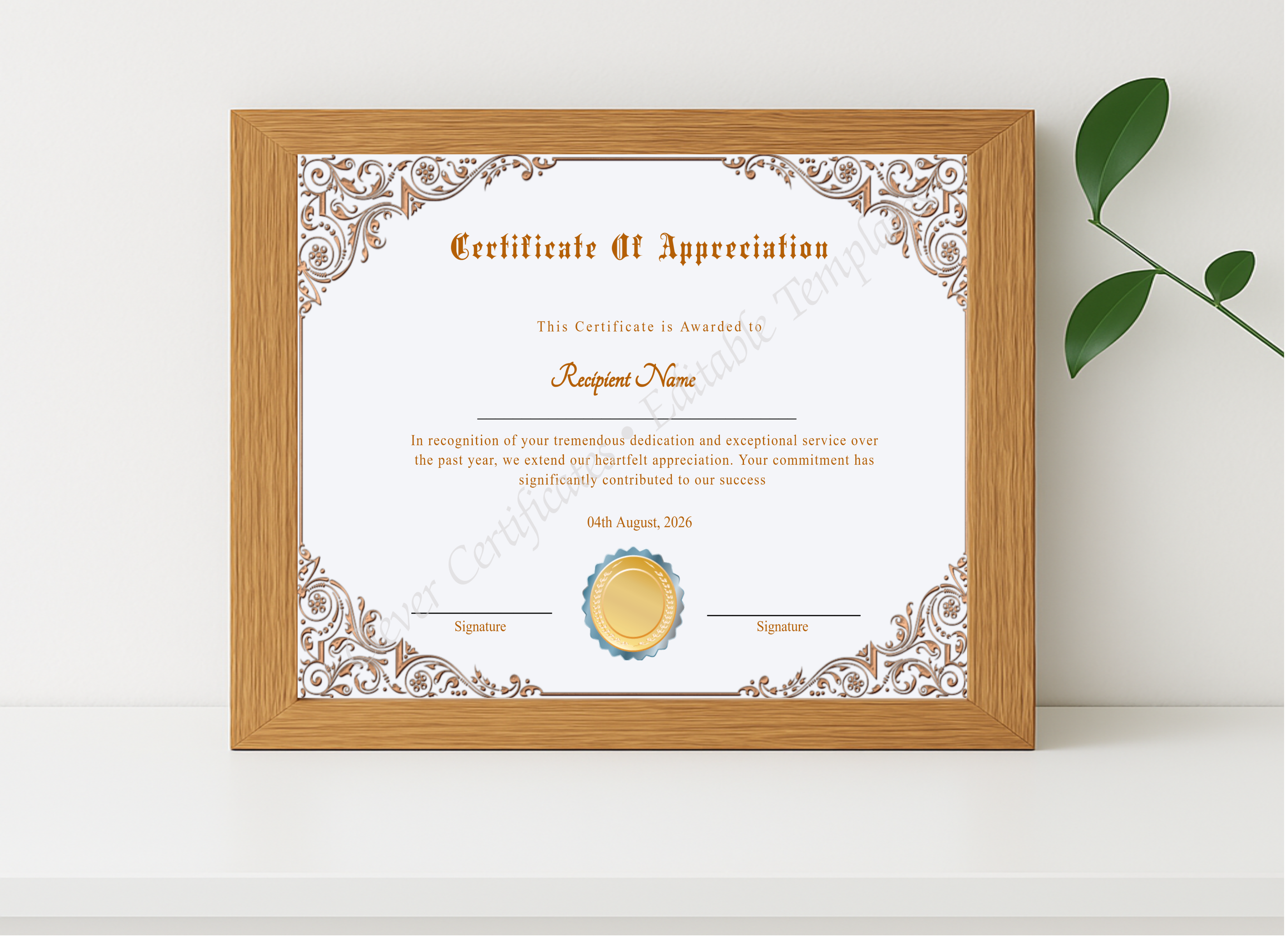 Realistic mockup featuring Professional Certificate Of Appreciation Award displayed within a modern frame, set against a minimalistic background.
