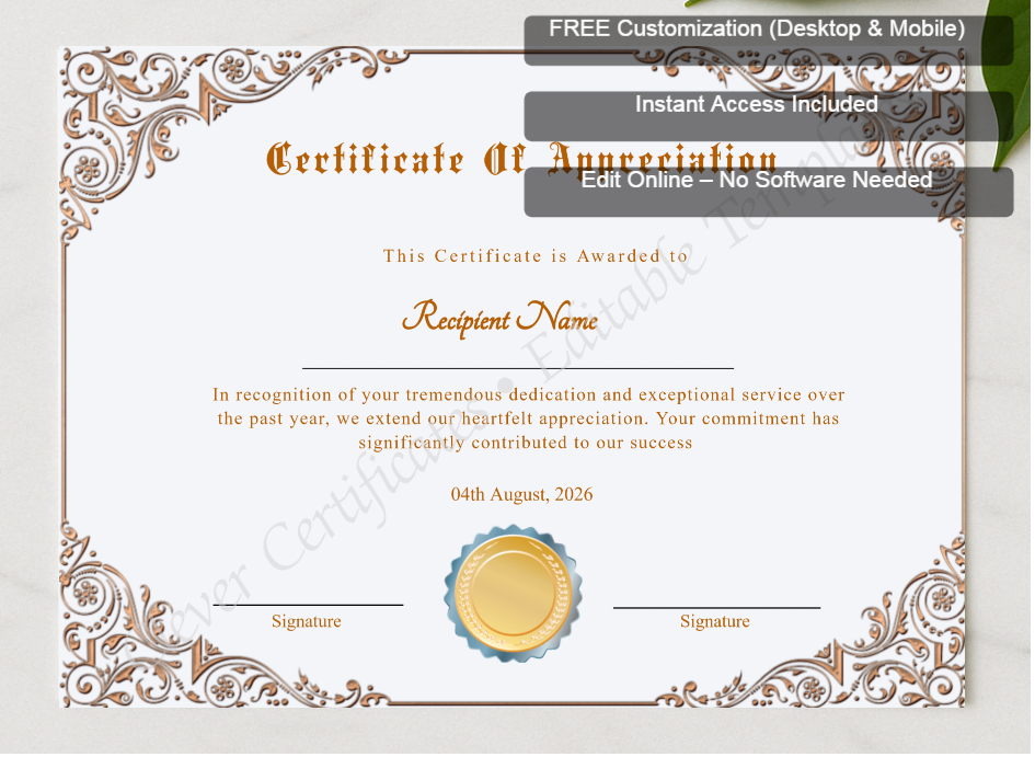 Framed preview featuring Free Editor badge stack for Professional Certificate Of Appreciation Award