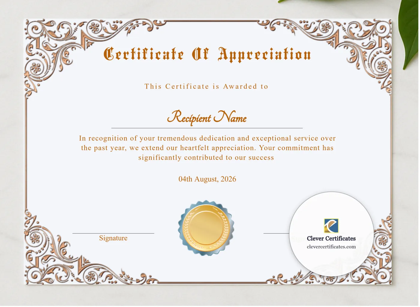Professional Certificate Of Appreciation Award presented in a sleek wooden frame, elegantly arranged on a stylish table.