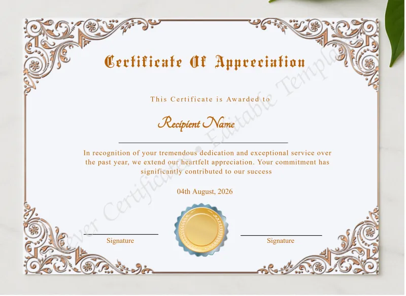 Professional Certificate Of Appreciation Award presented in a sleek wooden frame, elegantly arranged on a stylish table.