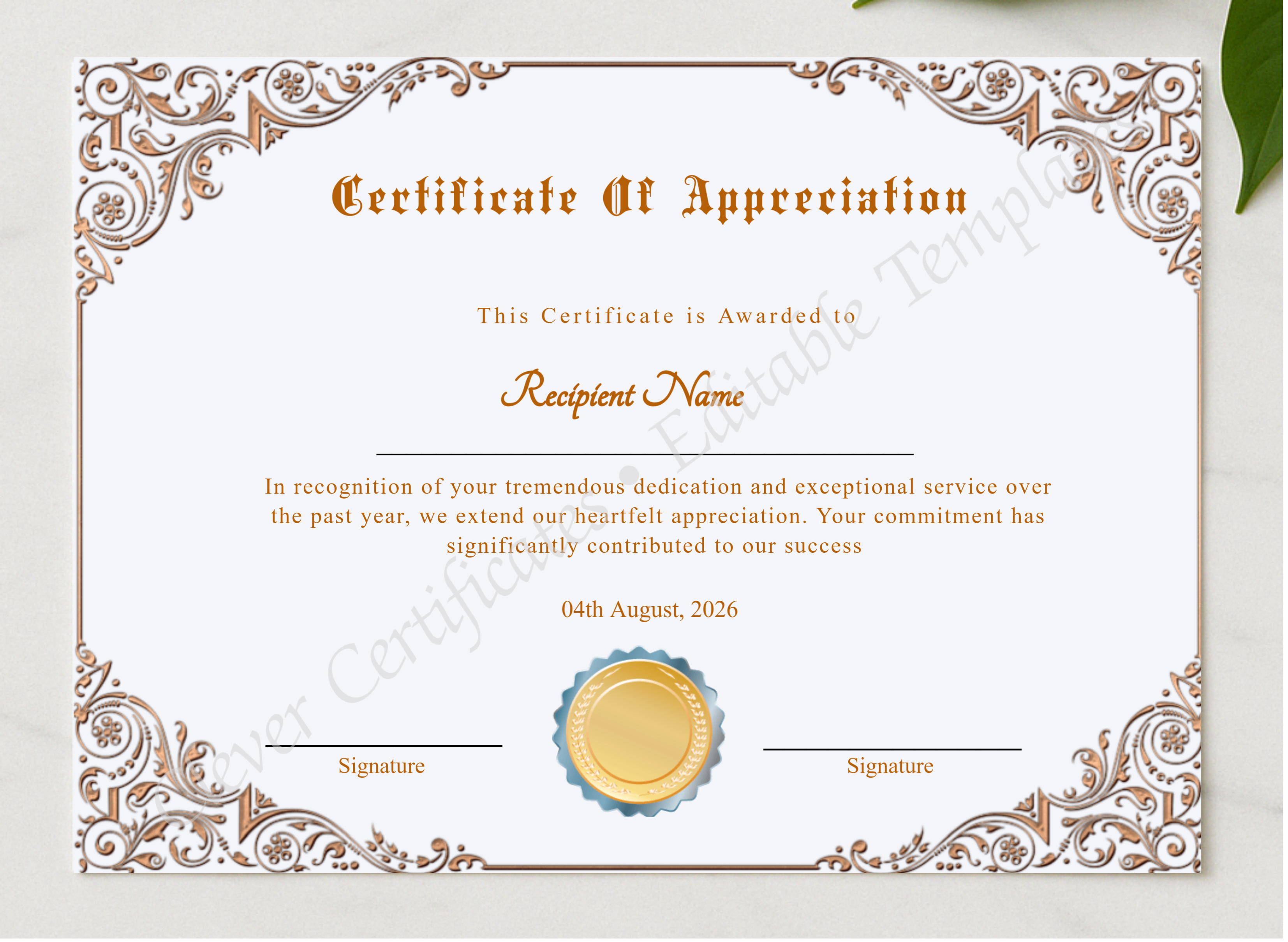 Professional Certificate Of Appreciation Award presented in a sleek wooden frame, elegantly arranged on a stylish table.