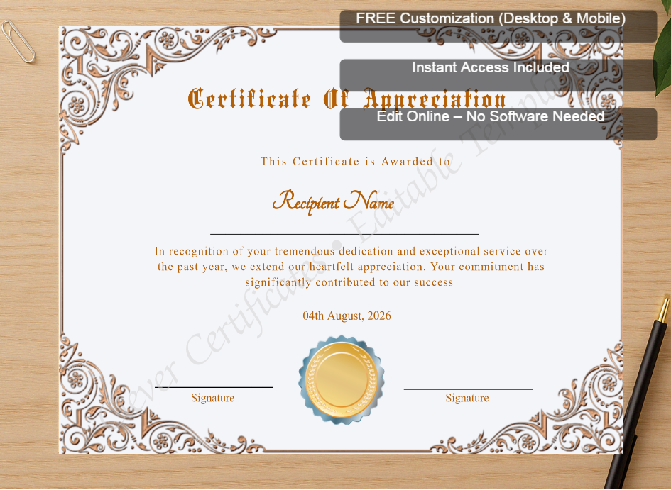 Zoomed preview with Free Editor badge stack for Professional Certificate Of Appreciation Award
