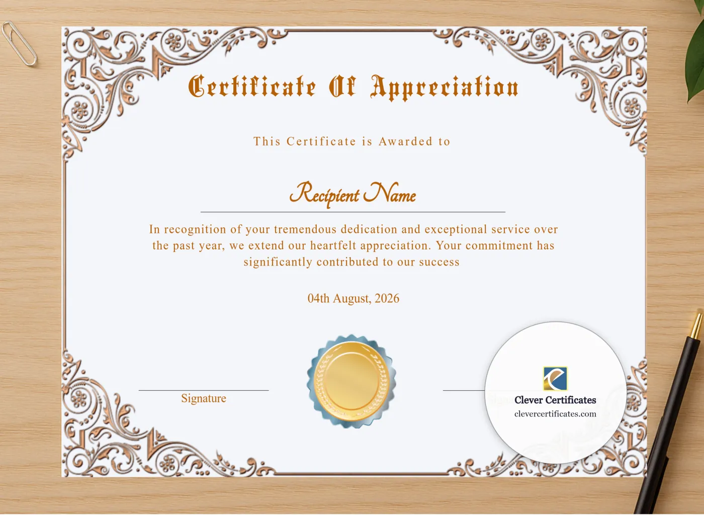 Professional preview of Professional Certificate Of Appreciation Award certificate on high-quality stationery paper, ideal for showcasing the final look.
