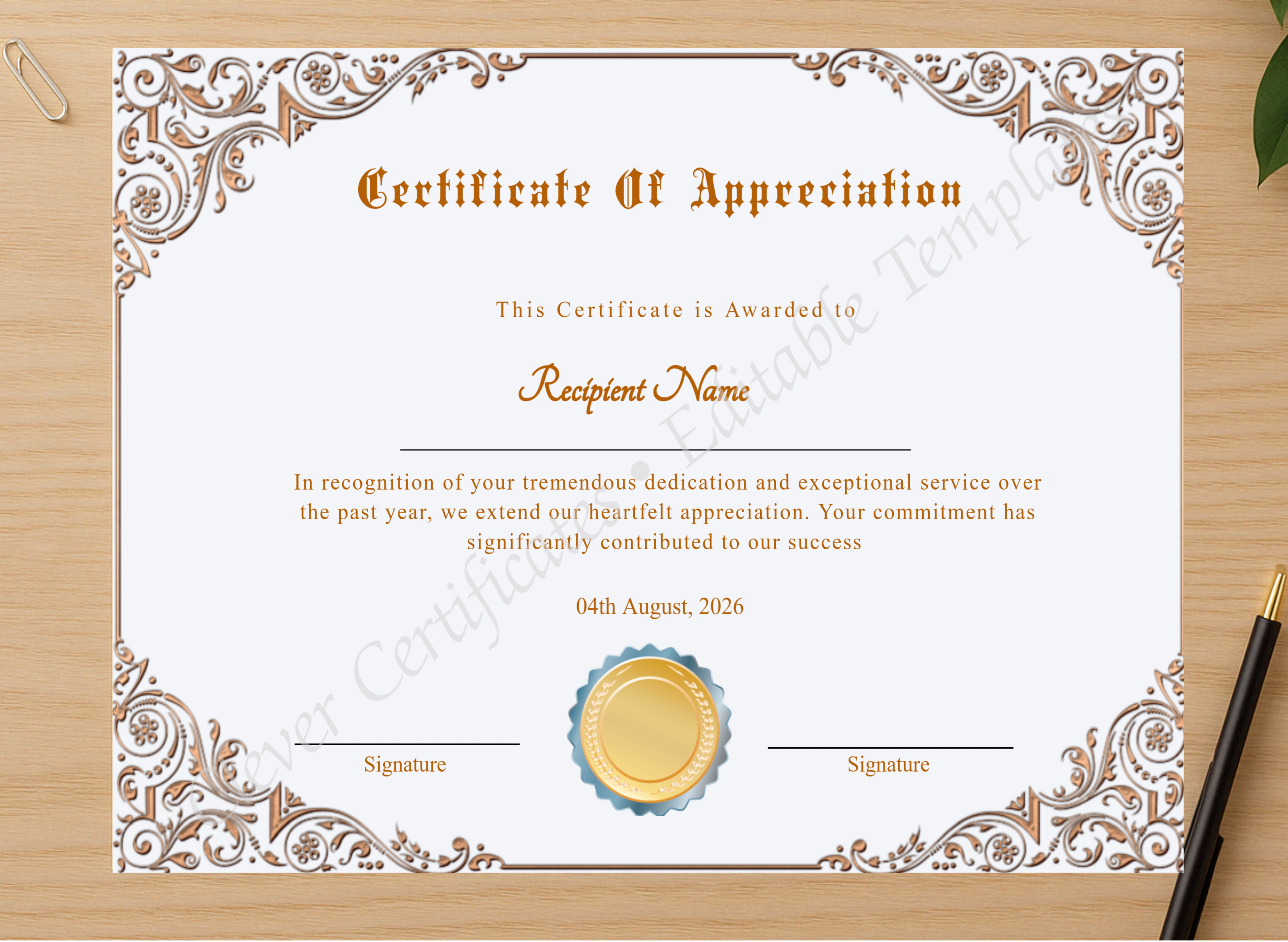 Professional preview of Professional Certificate Of Appreciation Award certificate on high-quality stationery paper, ideal for showcasing the final look.