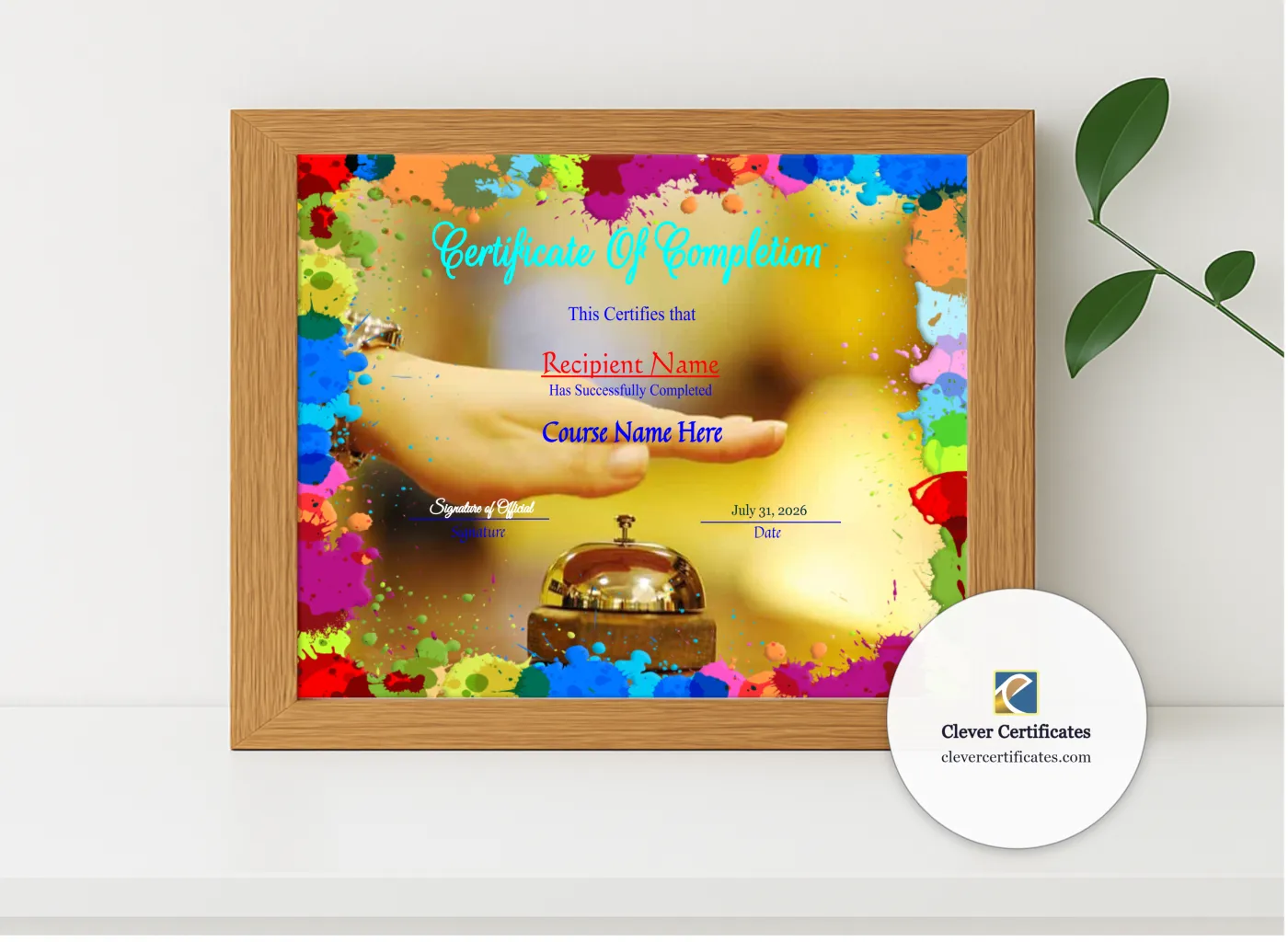 Realistic mockup featuring  Makeup Course Completion Certificate Template displayed within a modern frame, set against a minimalistic background.