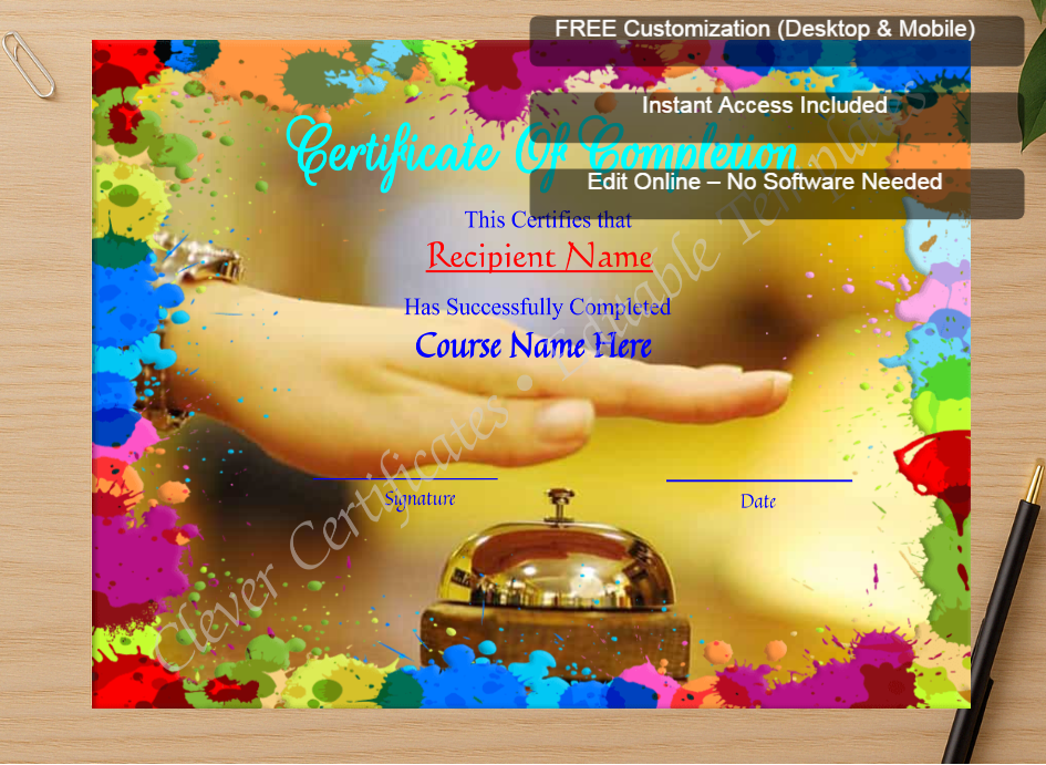 Zoomed preview with Free Editor badge stack for  Makeup Course Completion Certificate Template