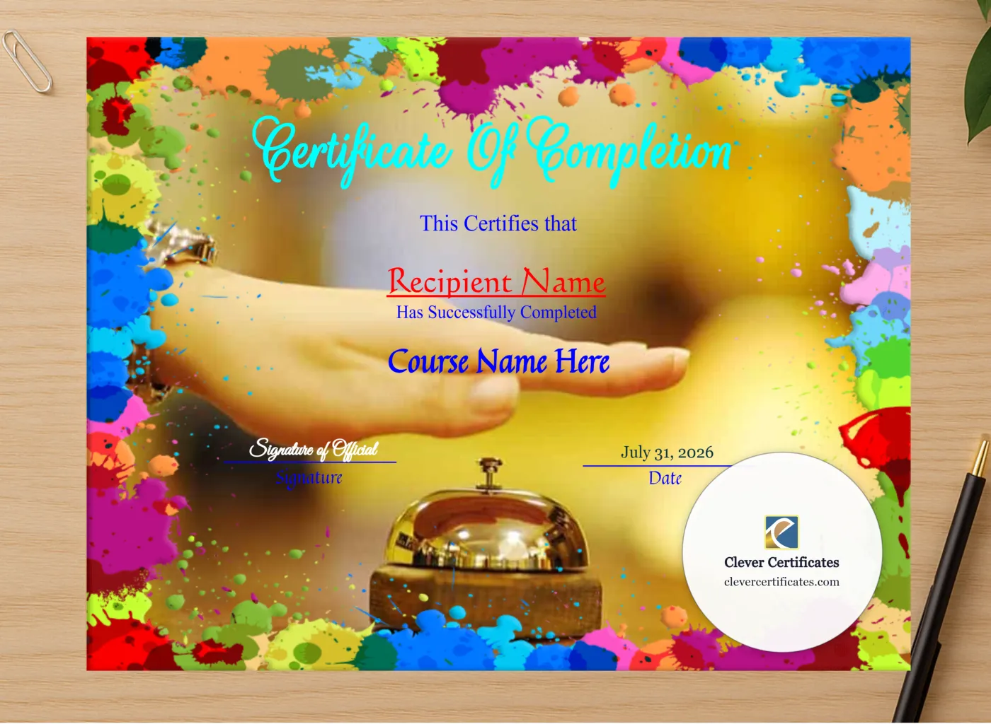 Professional preview of  Makeup Course Completion Certificate Template certificate on high-quality stationery paper, ideal for showcasing the final look.