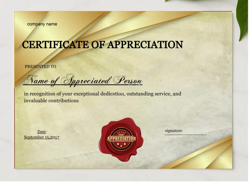 Certificate Of Appreciation Template presented in a sleek wooden frame, elegantly arranged on a stylish table.
