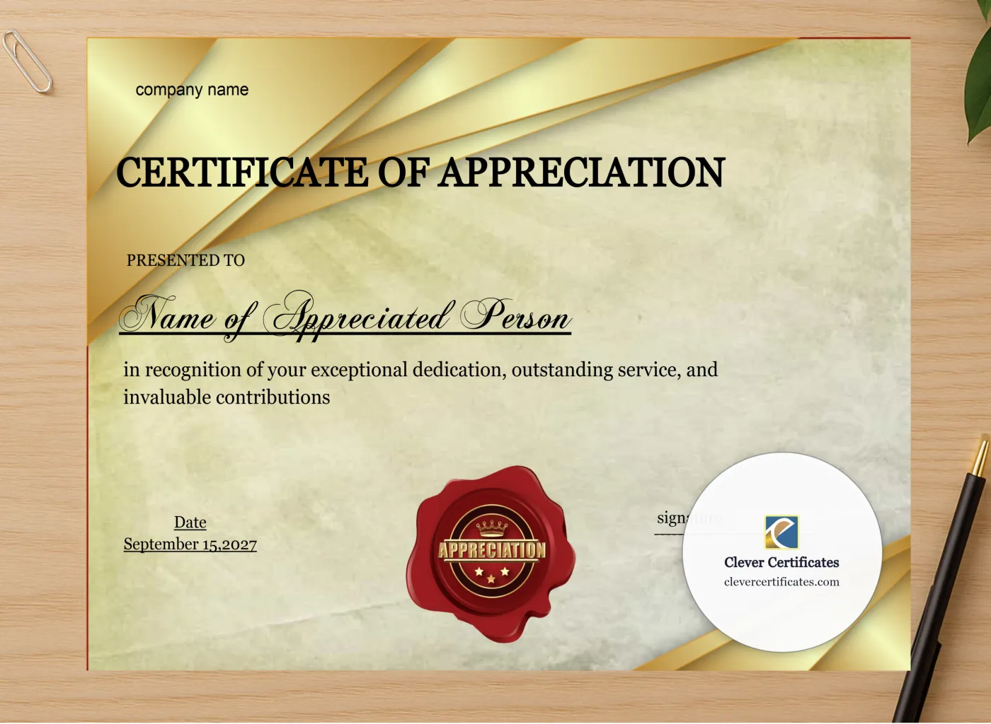Professional preview of Certificate Of Appreciation Template certificate on high-quality stationery paper, ideal for showcasing the final look.