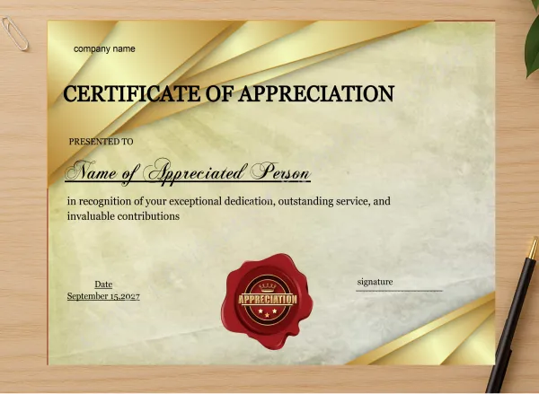 Professional preview of Certificate Of Appreciation Template certificate on high-quality stationery paper, ideal for showcasing the final look.