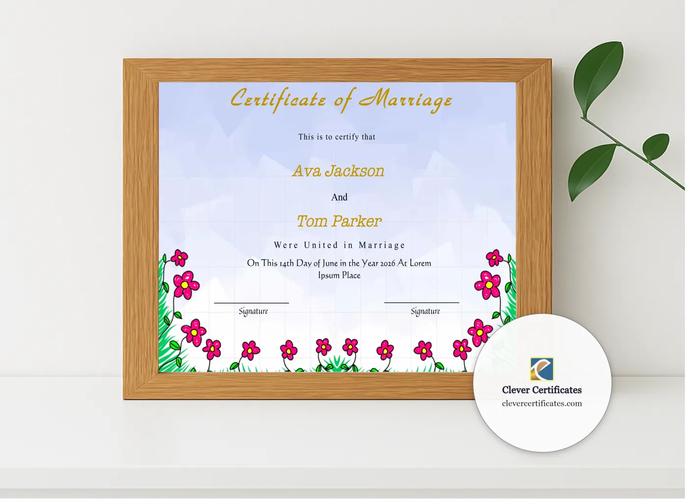 Realistic mockup featuring Editable Wedding Certificate displayed within a modern frame, set against a minimalistic background.
