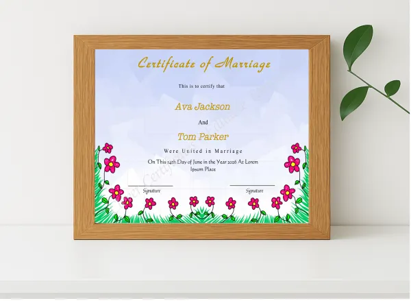 Realistic mockup featuring Editable Wedding Certificate displayed within a modern frame, set against a minimalistic background.