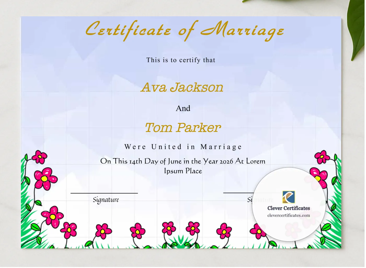 Editable Wedding Certificate presented in a sleek wooden frame, elegantly arranged on a stylish table.