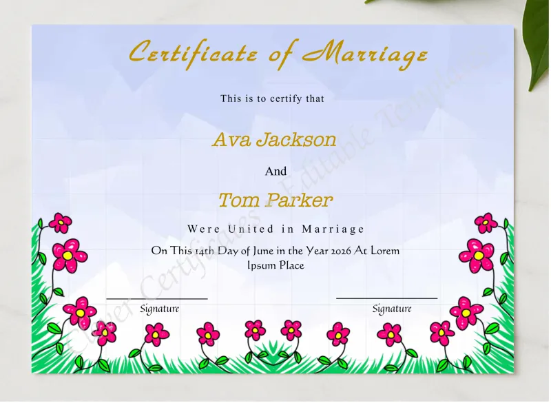 Editable Wedding Certificate presented in a sleek wooden frame, elegantly arranged on a stylish table.