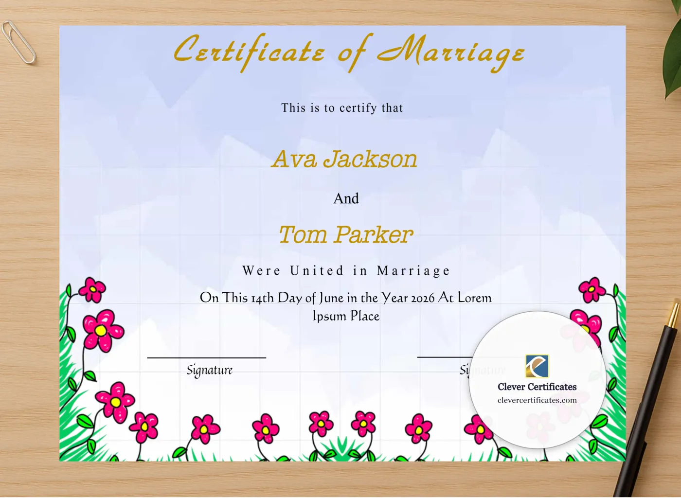Professional preview of Editable Wedding Certificate certificate on high-quality stationery paper, ideal for showcasing the final look.