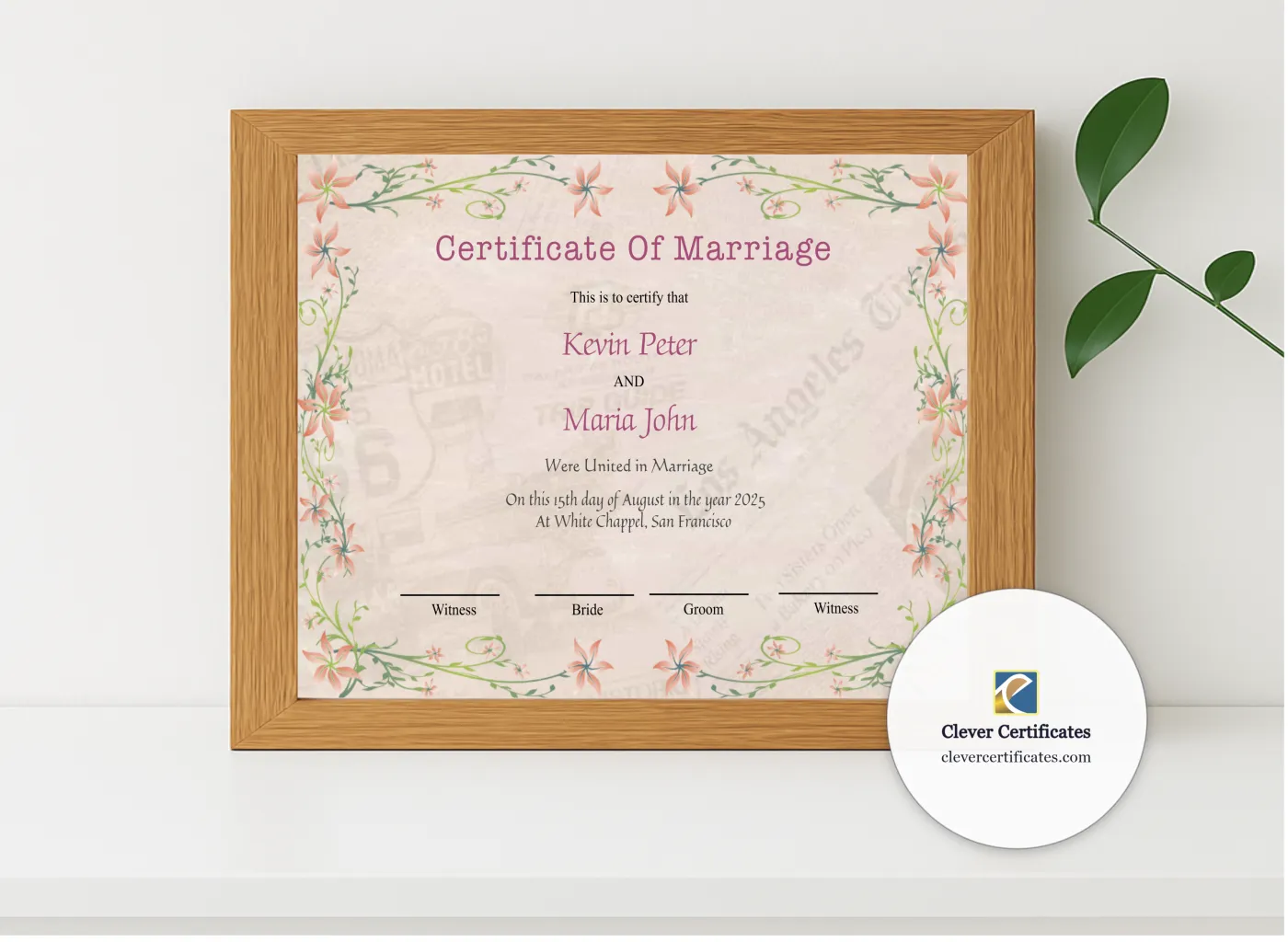 Realistic mockup featuring Printable Elegant Wedding Certificate displayed within a modern frame, set against a minimalistic background.