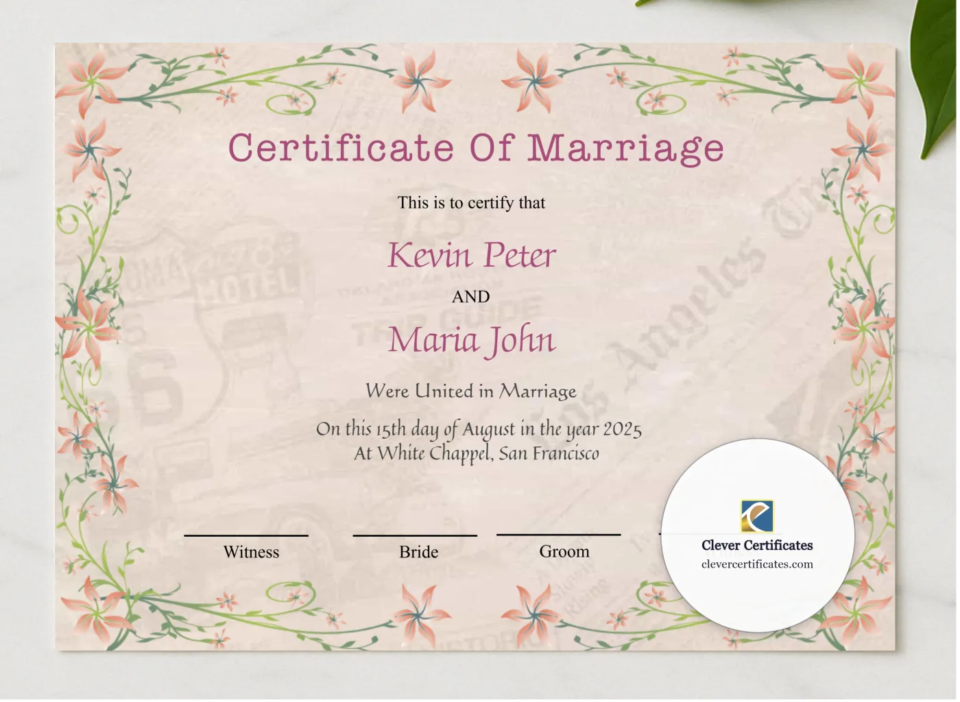 Printable Elegant Wedding Certificate presented in a sleek wooden frame, elegantly arranged on a stylish table.