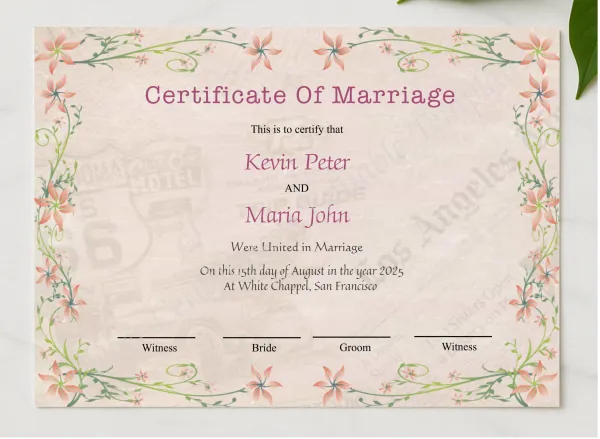 Printable Elegant Wedding Certificate presented in a sleek wooden frame, elegantly arranged on a stylish table.