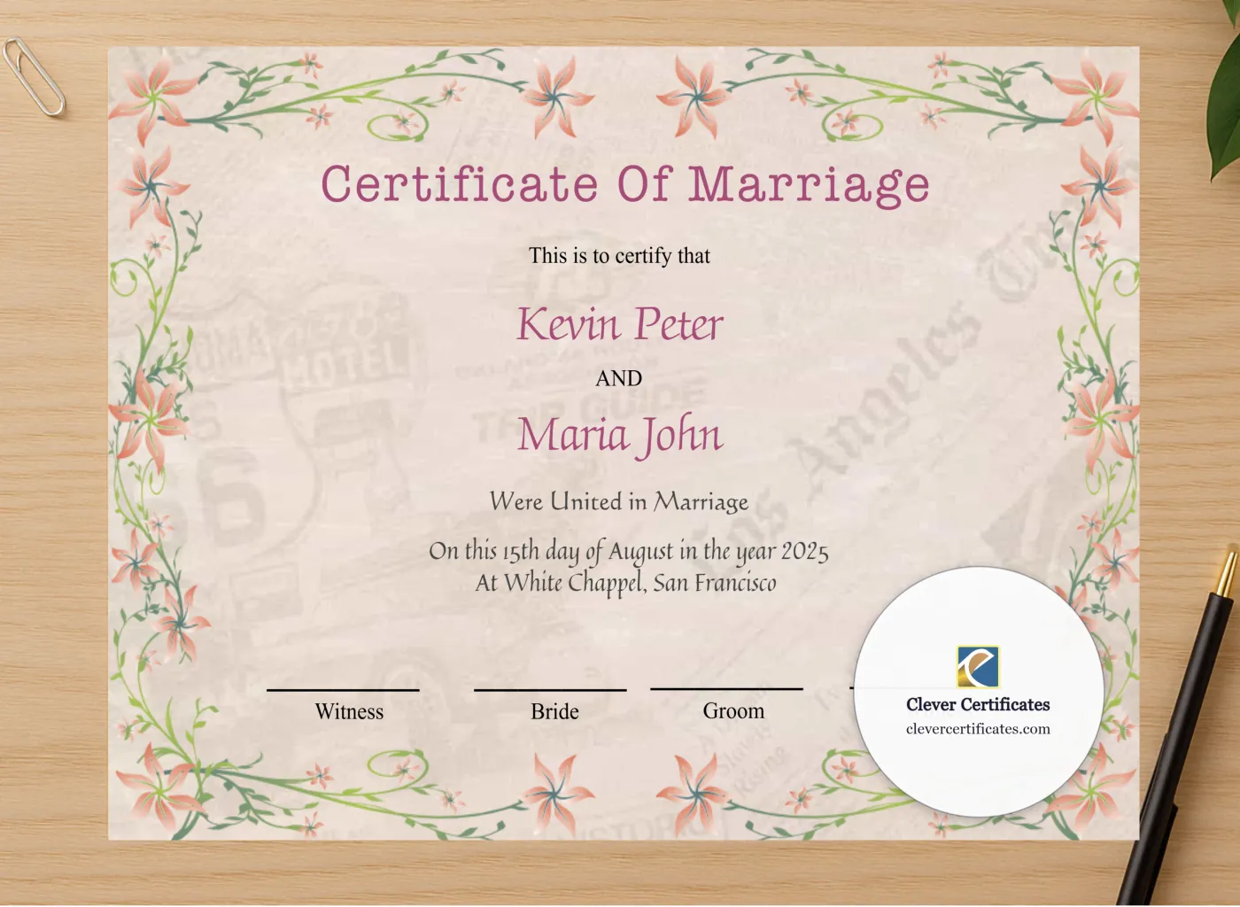 Professional preview of Printable Elegant Wedding Certificate certificate on high-quality stationery paper, ideal for showcasing the final look.