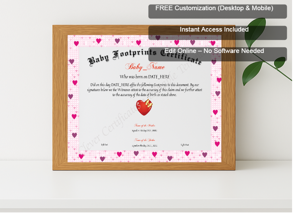 Premium mockup with Free Editor badge stack for Baby Footprints Certificate