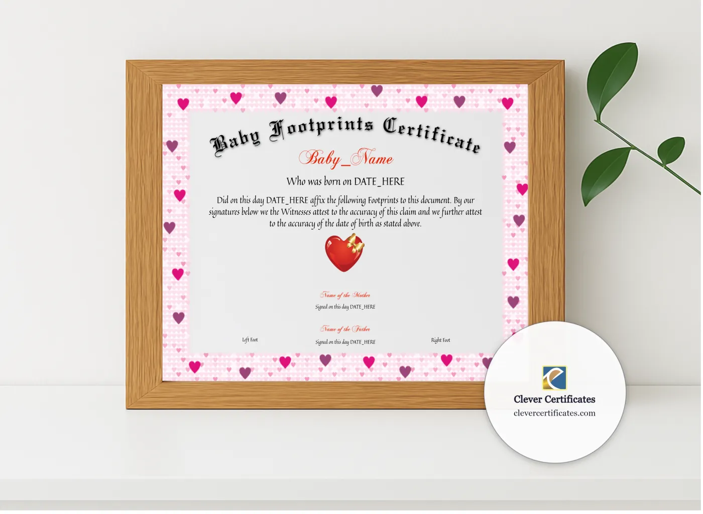 Realistic mockup featuring Baby Footprints Certificate displayed within a modern frame, set against a minimalistic background.