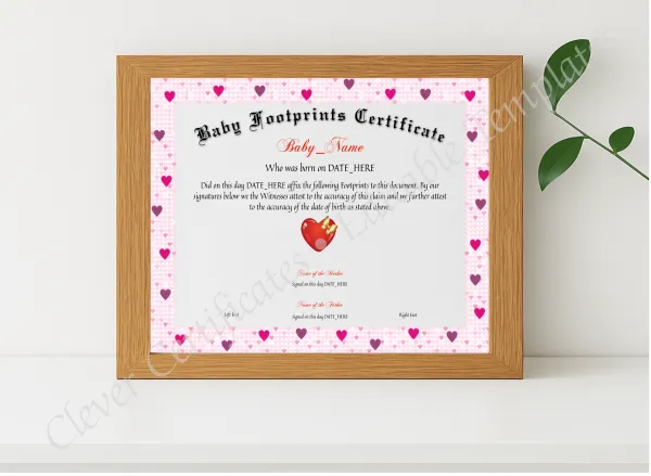Realistic mockup featuring Baby Footprints Certificate displayed within a modern frame, set against a minimalistic background.